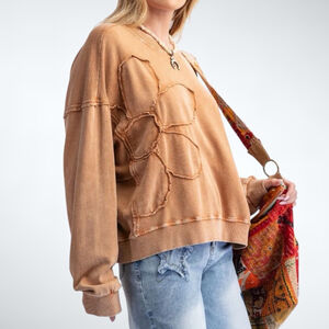 Easel Flower Patch Mineral Washed Terry Knit in Brown Size S